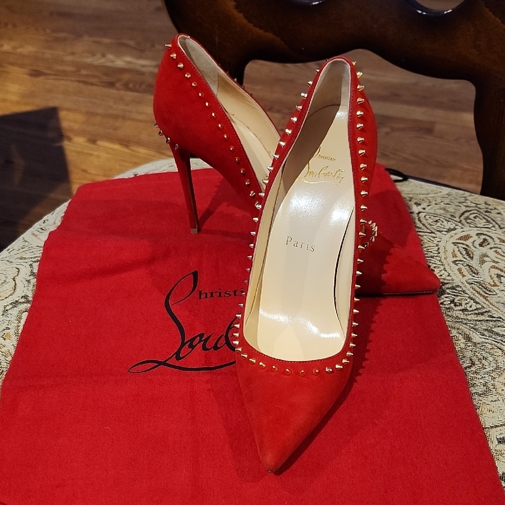 Christian Louboutin Anjalina 85 Loubi Red Suede Gold Spike Pointed Heel Pump